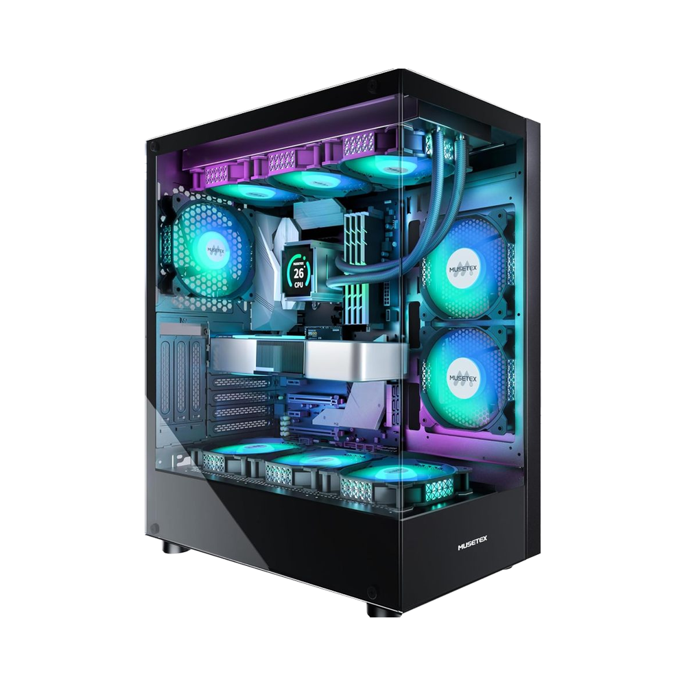 MUSETEX K2 Mid Tower Gaming PC Case Full-View Dual Tempered Glass Pre-Installed 6 PWM ARGB Fans Black Type-C & ATX Support