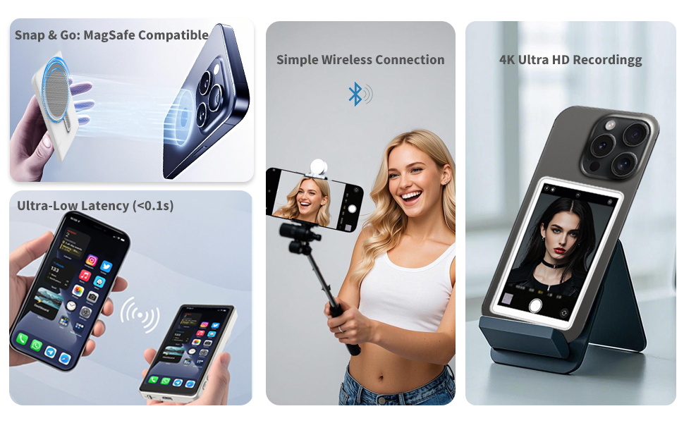 White 4-Inch Magnetic Monitor Screen for iPhone Accessory Plastic Wireless Remote Control for Vlog Selfie and Live Streaming