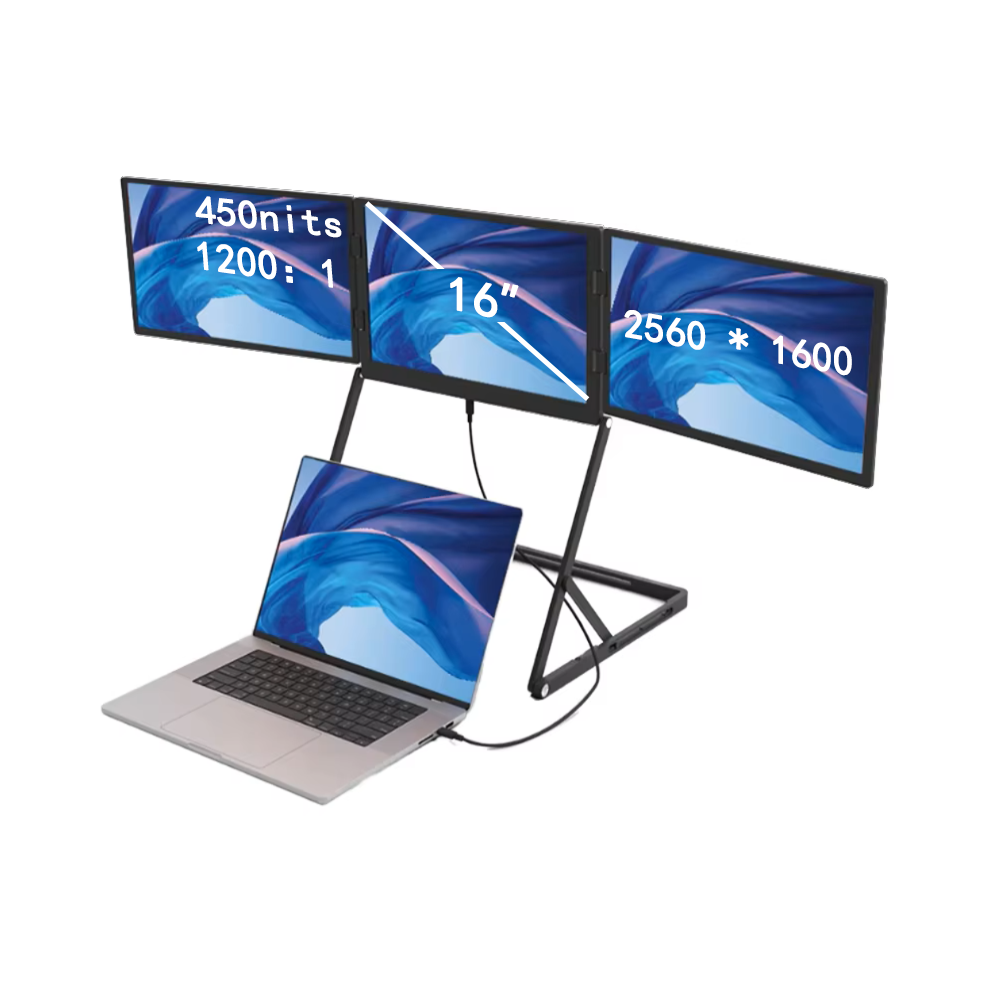Triple Screen Monitor16'' QHD IPS Ultra-Thin Display HDMI/USB-C Plug-Play PC Display Foldable Laptop Gaming Monitor